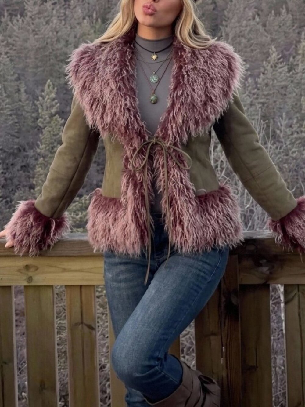 Multicolor Casual Women's Colorblock tie up Faux Fur Trim Long Sleeve Coat